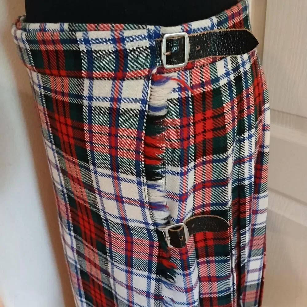 Vintage 70s Scottish Heritage Tartan Pleated Maxi Wrap Leather Buckle Kilt Skirt